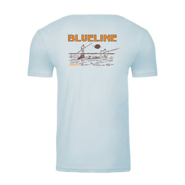 Blueline Surf & Paddle Co. fly fishing T-shirt on a skiff featuring a guide poling an angler casting at sunset in Jupiter, Florida. Logo is on the back of the t-shirt.
