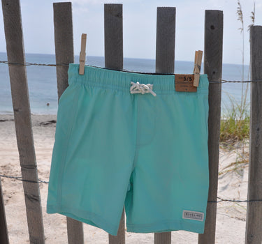 Blueline Toddler Ledge Board Shorts in aqua designed for beach days, pool fun, and family boating adventures.