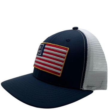 Side profile of the Blueline USA Flag Performance Hat in Navy and White designed for boating, beach days, and outdoor adventures.