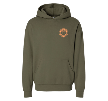 Blueline Vintage Circle Logo Hoodie – Olive / Orange, front chest logo