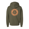 Olive Blueline pullover hoodie with orange vintage circle logo on the back