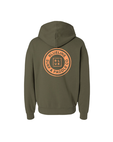 Olive Blueline pullover hoodie with orange vintage circle logo on the back
