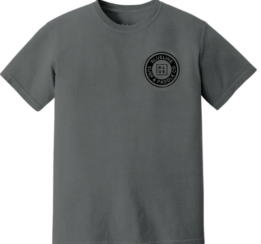 Front of the Blueline Vintage Circle T-Shirt in pepper featuring the Blueline Vintage Circle logo on the left chest in black.