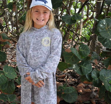 Blueline Vintage Youth Hooded UV Sun Shirt in Duck Camo designed for fishing, boating, beach days, and outdoor adventures.