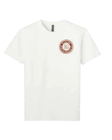 White t-shirt with a blueline surf and paddle logo in brown on a white background