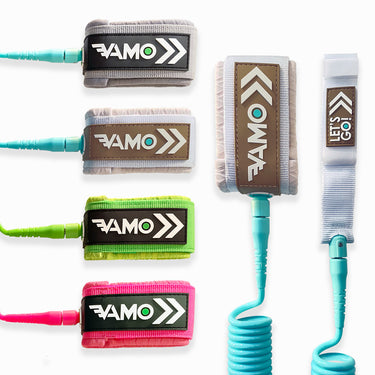 Coiled SUP paddleboard leash by VAMO with padded ankle cuff and multiple color options for flatwater and ocean paddling