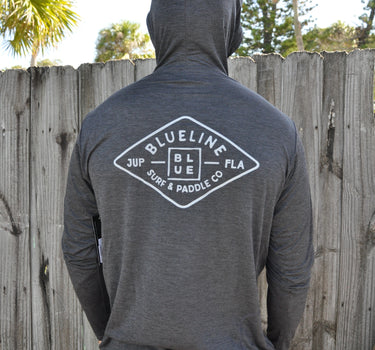 Back graphic of Diamond Ghostlite Tech Hoody Charcoal featuring Blueline Surf & Paddle artwork