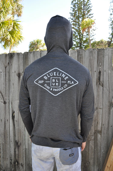 Back graphic of Diamond Ghostlite Tech Hoody Charcoal featuring Blueline Surf & Paddle artwork