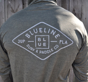 Back graphic of Diamond Ghostlite Tech Hoody Dark Olive featuring Blueline Surf & Paddle artwork