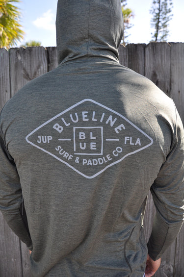 Back graphic of Diamond Ghostlite Tech Hoody Dark Olive featuring Blueline Surf & Paddle artwork