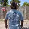 Back view of blue FLOMO x BL Gator T-Shirt featuring custom alligator artwork inspired by Florida outdoor culture and saltwater adventures.