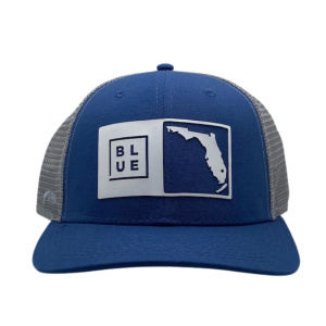 Florida Box Hat by Blueline Surf & Paddle Co. in dusk blue and steel white with Florida state outline and Blueline Box Logo