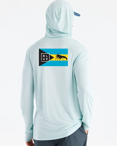 Back view of Free Fly x BL Bahamas Lobster Lightweight Hooded UV Sun Shirt Glacier featuring colorful Bahamas-inspired coastal artwork and lightweight sun protection performance fabric.