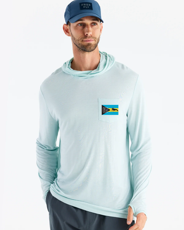 Front view of Free Fly x BL Bahamas Lobster Lightweight Hooded UV Sun Shirt Glacier featuring breathable UPF performance fabric designed for boating, fishing, and the coastal lifestyle.