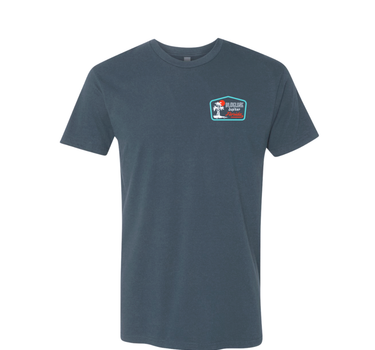 Blue t-shirt with a logo on the chest against a white background
