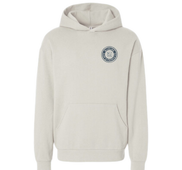 Light-colored Blueline pullover hoodie with OG Circle Surf & Paddle Co. logo on the front left