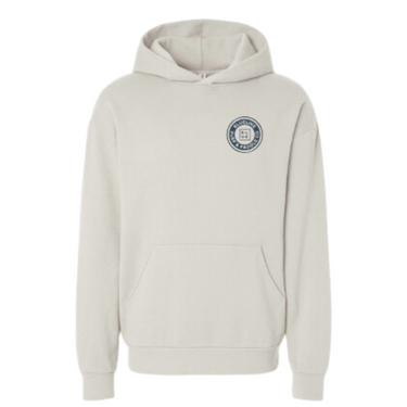 Light-colored Blueline pullover hoodie with OG Circle Surf & Paddle Co. logo on the front left