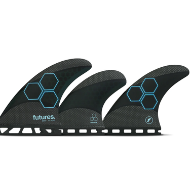 Futures AM1 Honeycomb 5-Fin Set Medium showing a side fin, center fin, and quad rear fin