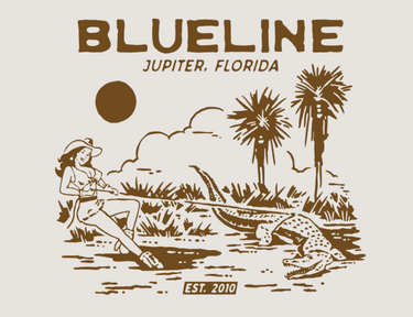 Illustrated Florida gator and palm tree graphic on Blueline t-shirt