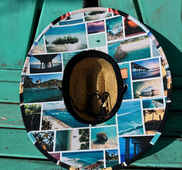 Custom Greg Panas art collage under-brim on a Blueline Signature straw lifeguard hat.