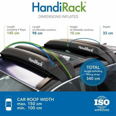 HandiRack technical specifications and fit guide showing max load capacity of 180 lbs and 3.3-foot total length