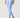 A model wearing light blue high-waisted leggings with a side cutout near the ankle.