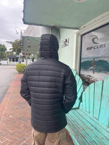 Back view of ID Simmons black hooded puffer jacket