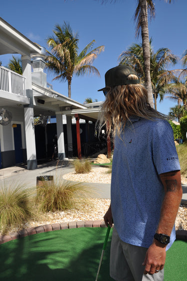 Men’s Johnnie-O Blueline collaboration polo Kona blue with prawn pattern design