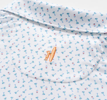 Close up of Johnnie-O Tini Dancer martini print performance polo fabric