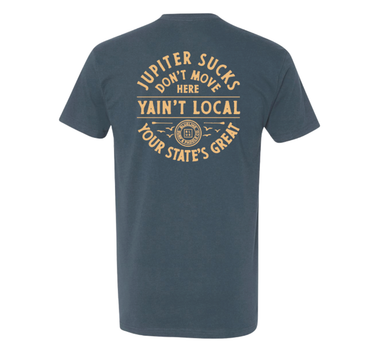 Jupiter Sucks collab t-shirt indigo with small front logo by Blueline Surf and Paddle in Jupiter Florida