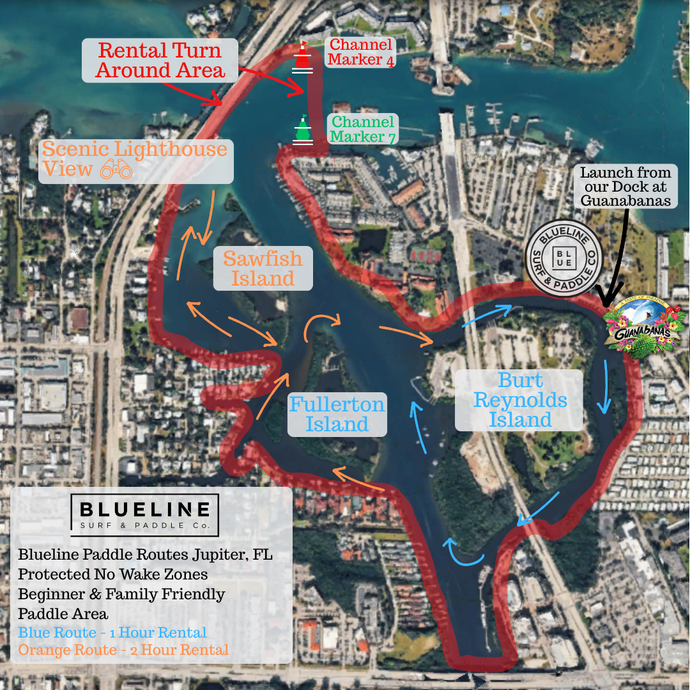 Kayak and paddleboard rental route map in Jupiter, Florida showing Intracoastal paddle loops around Burt Reynolds Island and the Jupiter Lighthouse