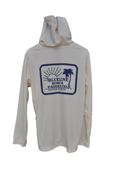 Back view of kids Rectangle Palm Hooded UV Sun Shirt Sandbar from Blueline Surf & Paddle Co. featuring palm-inspired coastal artwork and lightweight sun protection performance fabric for kids.