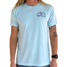 Person wearing a light blue t-shirt with Jupiter Sucks Yain't Local on the left chest,  on a white background