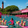 Paddleboarders, dogs in pink bandanas, and the Lighthouse Dragons dragon boat team gather by the Jupiter Lighthouse for the Paws in Pink Paddle breast cancer awareness event in Jupiter, Florida.