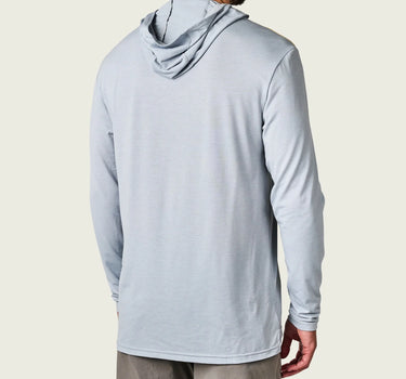 Marsh Wear hooded sun shirt heather smoke worn by model breathable UV fishing shirt Jupiter Florida