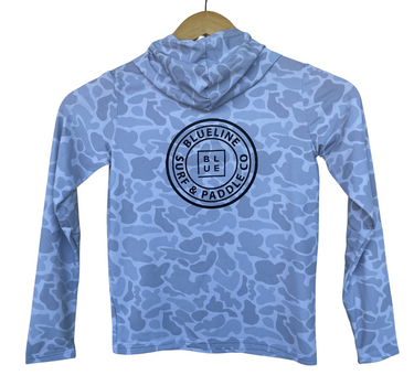 Back of kids Ocean Tec & Blueline Surf and Paddle Co. UPF hoodied long sleeve shirt. 
