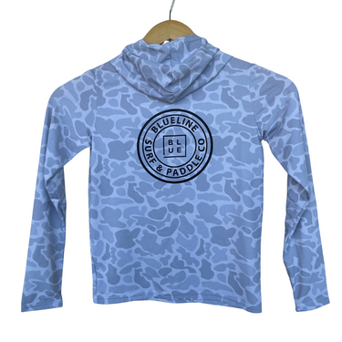 Back of kids Ocean Tec & Blueline Surf and Paddle Co. UPF hoodied long sleeve shirt. 
