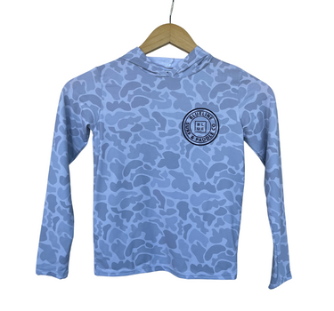 Ocean Tec & Blueline Surf & Paddle Co. kids smoke gray camo UV hoodie providing UPF sun protection. Made in the USA.