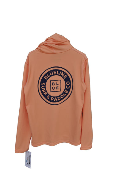 Back view of coral OG Logo Kids Hooded UV Sun Shirt from Blueline Surf & Paddle Co. featuring classic OG logo artwork and lightweight sun protection performance fabric for kids.