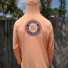 Back view of coral OG Logo Hooded UV Sun Shirt from Blueline Surf & Paddle Co. featuring lightweight UPF performance fabric designed for fishing, boating, paddling, and the Jupiter Florida coastal lifestyle.