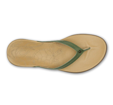 OluKai Honu Green Olive Golden Sand women's leather sandals featuring premium leather straps, anatomical footbed, and durable rubber outsole for everyday coastal living.