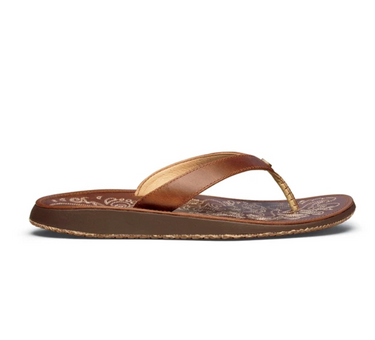 Side profile of OluKai Paniolo women's leather sandals highlighting premium leather straps and anatomically contoured footbed.