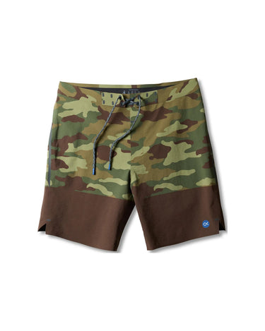 camo Outerknown Apex Evolution boardshorts flat lay performance surf shorts