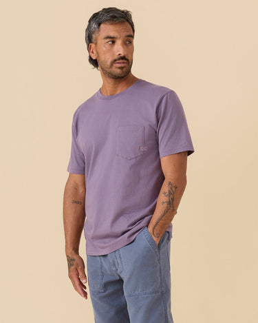 Man wearing Outerknown OK flag pocket tee organic cotton t-shirt in purple