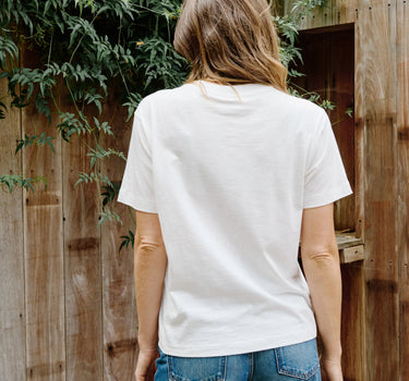 Rear view of the Outerknown Saltwater Slub Tee showcasing its relaxed oversized fit and timeless everyday style.