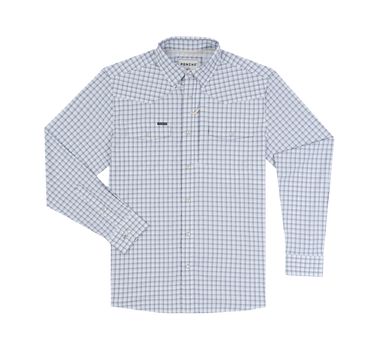 Poncho Blackfin men's long-sleeve performance shirt in navy and blue plaid, front view