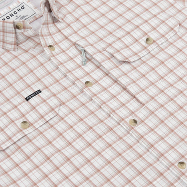 Close-up of maroon, aqua and white plaid fabric on Poncho Long Nose Pete shirt
