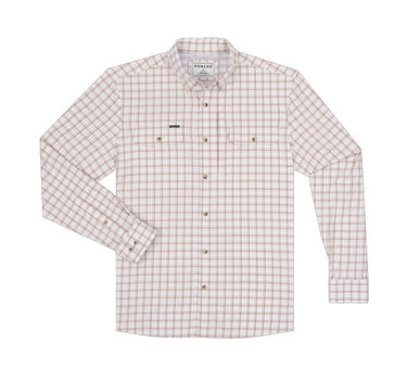 Poncho Outdoors Long Nose Pete men's long-sleeve shirt in maroon, aqua and white plaid, front view