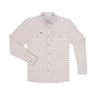 Poncho Outdoors Long Nose Pete men's long-sleeve shirt in maroon, aqua and white plaid, front view