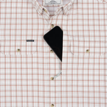 Poncho Long Nose Pete shirt showing plaid pattern, button front and chest pockets